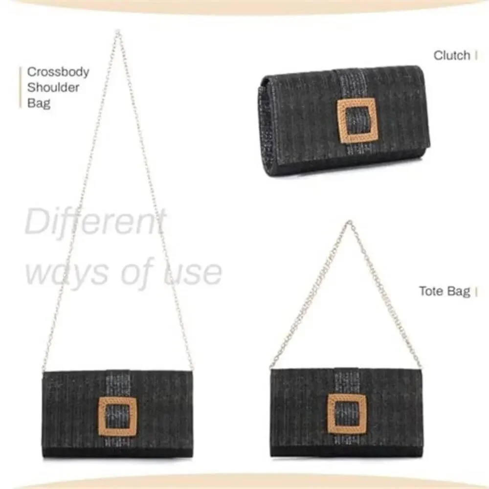 Woven Straw Clutch Purse Rattan Beach Evening Handbag Women Black